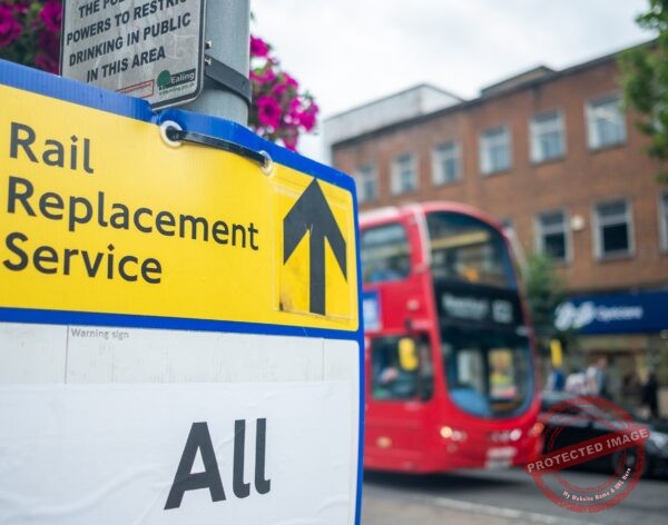 London-,August,2021:,Rail,Replacement,(,Bus),Service,Sign,Due